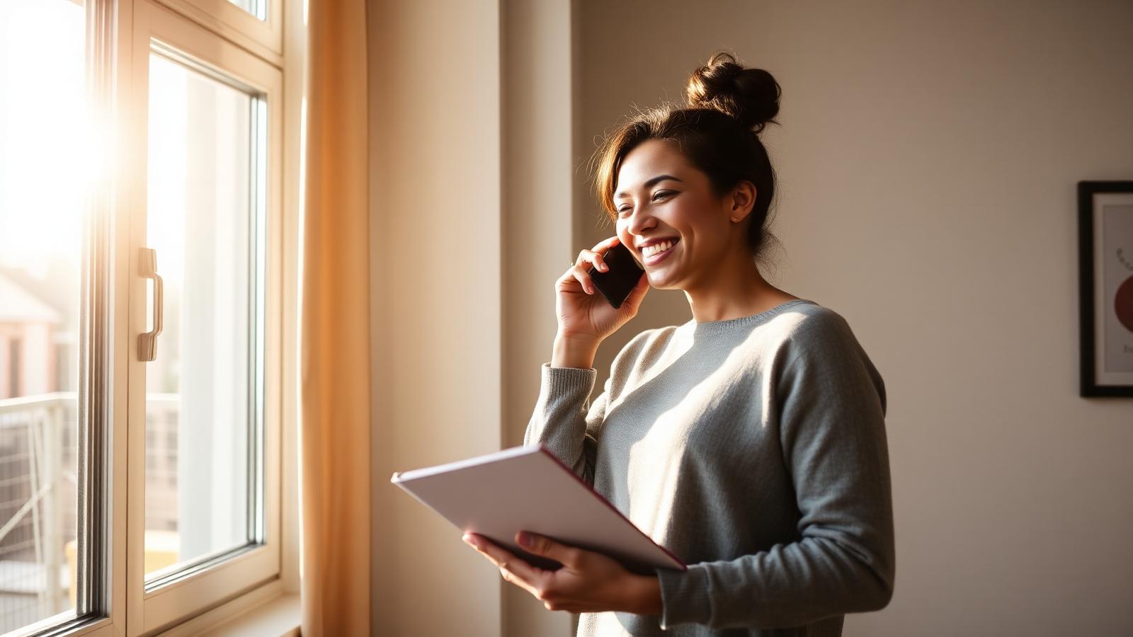 Agent on a phone call by a sunny window
