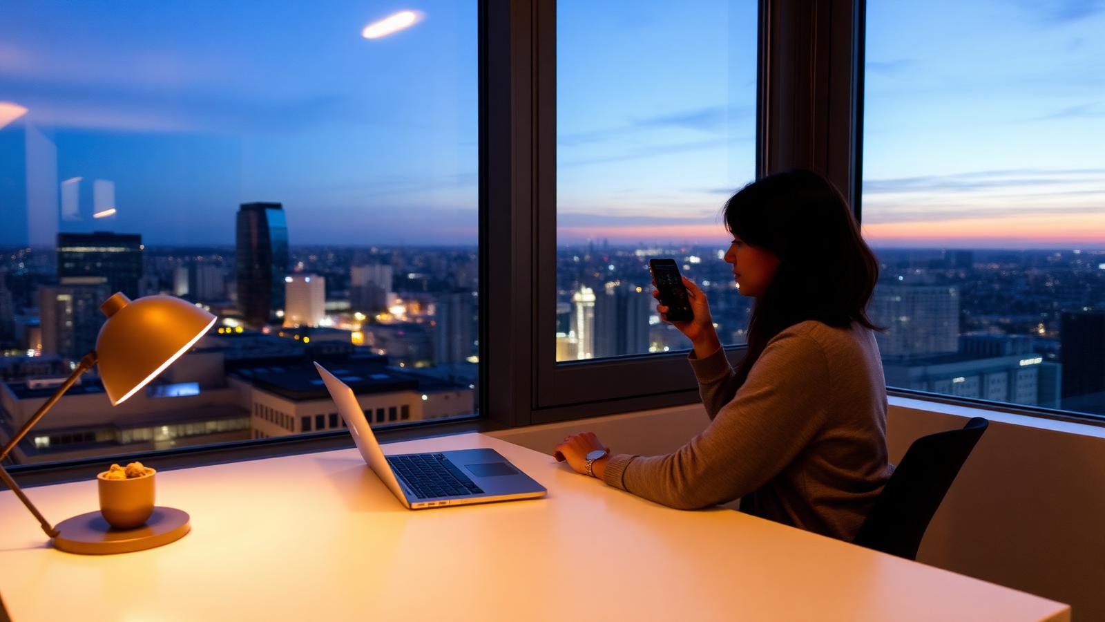 Agent working on a laptop and phone at dusk