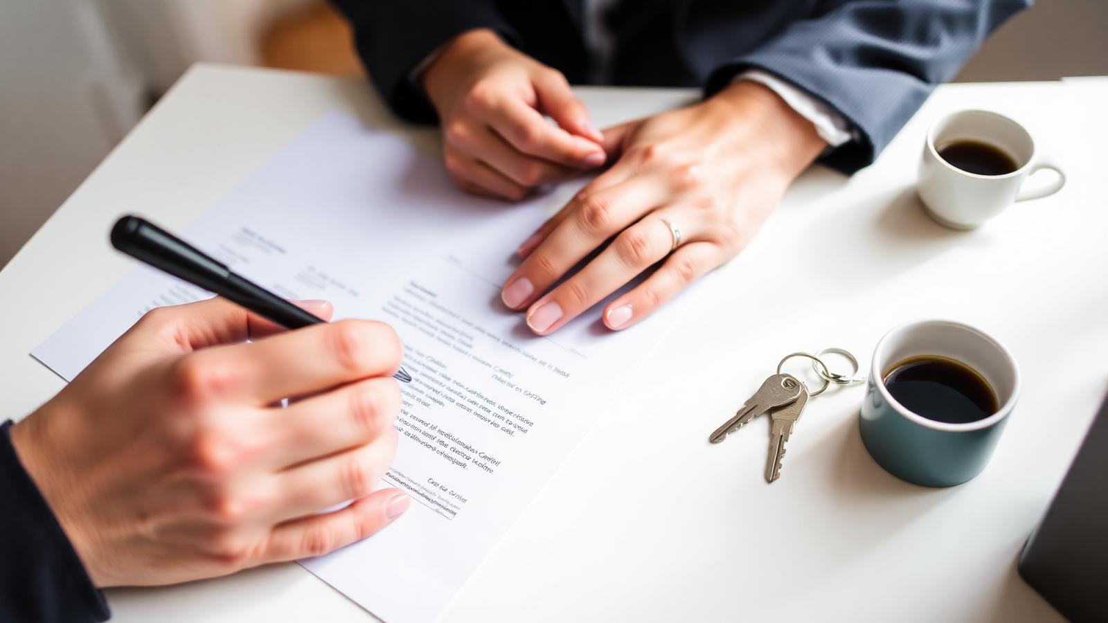 Signing referral paperwork beside coffee and house keys